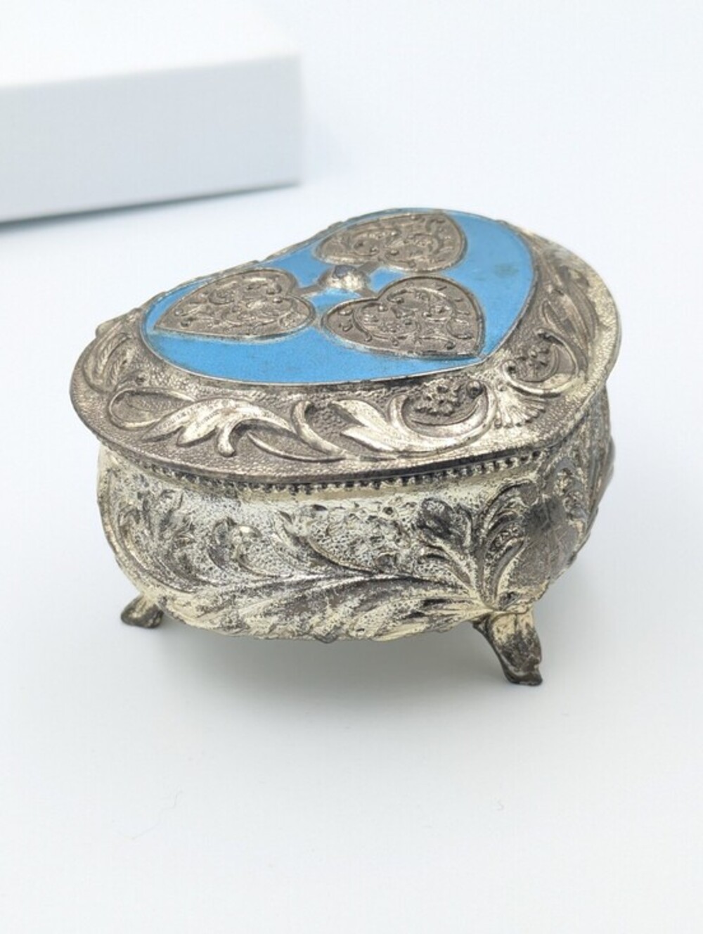 Vintage Silver Plate Heart Trinket Box: Blue Enamel Jewelry Box, Made in Japan